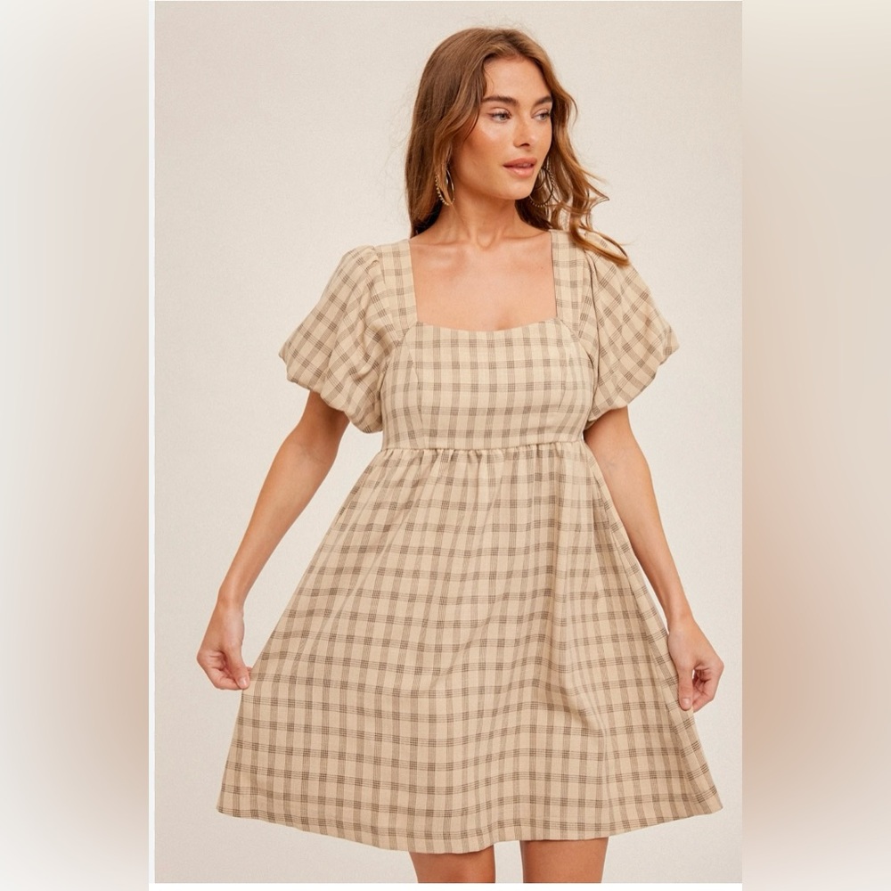 Hem & Thread(Anthropologie) Tan Smocked Plaid Sundress With Ballooned Sleeves